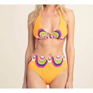 Trina Turk Swimsuit Womens 2 Bikini Mango Rainbow Swirl Halter High Waist New